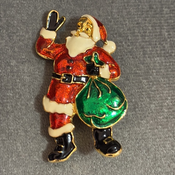 Vintage Gold Tone Merry Christmas Holiday Santa Claus Enamel Brooch Pin - Picture 2 of 10